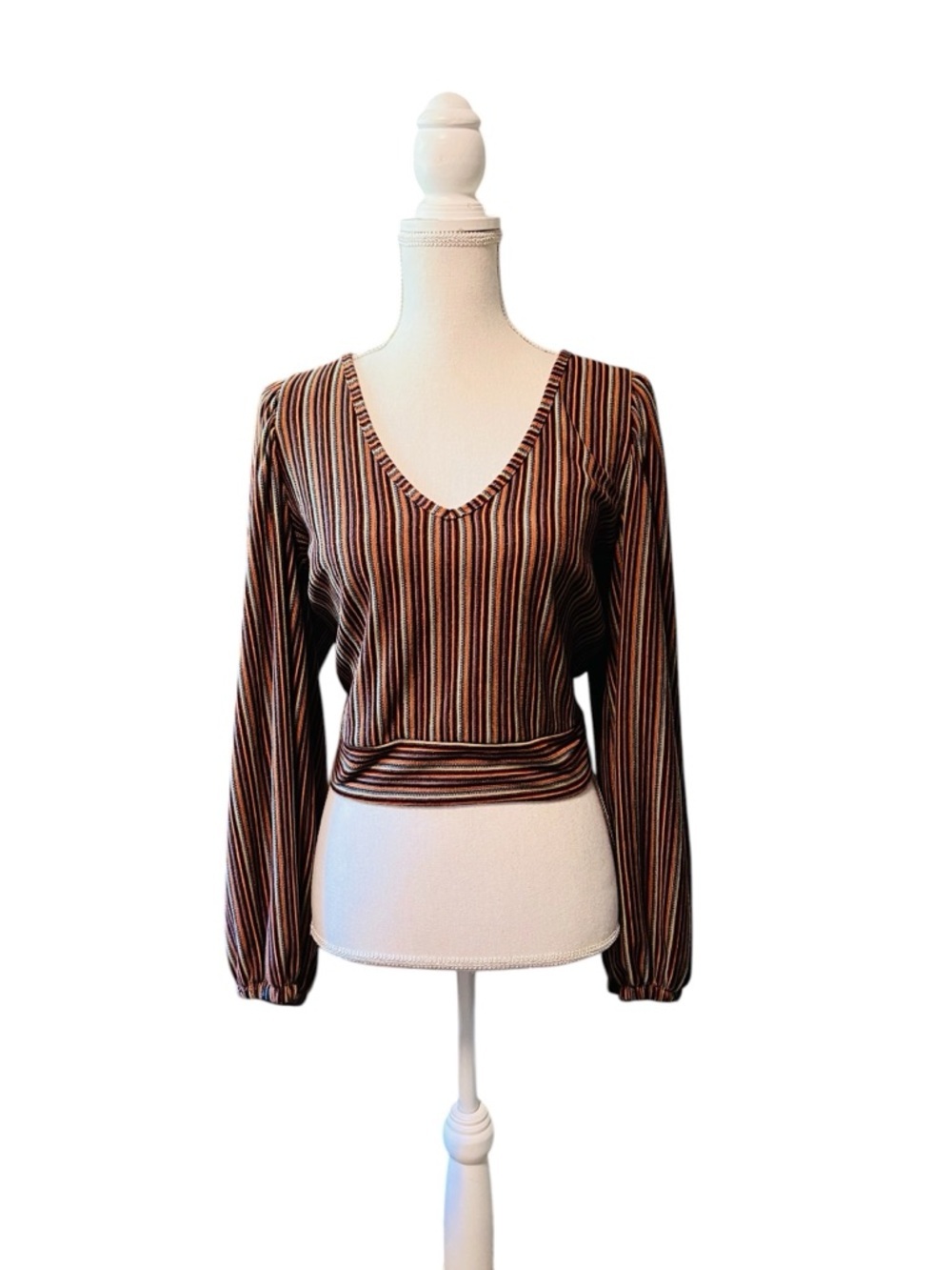 Free People Brown Striped Knit V-Neck Long Sleeve Top Cut Out Back